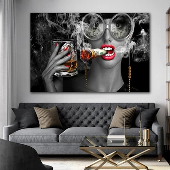 Kajenje Ženska s Steklenimi Kozarci, Tiskanje Plakatov Oljna slika, Stenske Slike za Dnevna Soba brez okvirjev Ogledala Pripravi Jedro