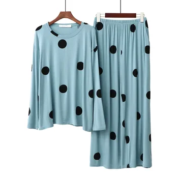 Kawaii Pajama 2020 Polka Dot Pižamo Ženske Modal Tanko Dolgo sleeved Hlače Obleko Stretch Doma Obleko Polka Dot Tiskanja Nastavite Pajama