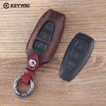 KEYYOU Keychain 3 Gumb Usnje Avto Ključ Primeru Fob Tipko Kritje Za Ford Focus C-Max Kuga Mondeo Fiesta Avto Ključ Lupini