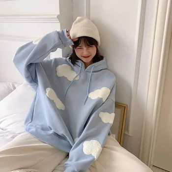 Korejski Majica Ženske Zimske 2021 Moda Oblaki Pulover Ženske Plus Žamet Toplo Dolg Rokav Vrhovi Priložnostne Hoodies Kawaii Ženski
