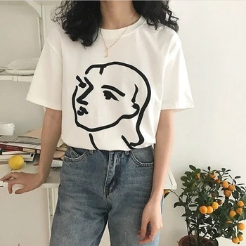 Korejski Moda, Umetnost, Risba majica s kratkimi rokavi Ženske Povzetek Par Graphic Tee Srčkan Ulzzang Henri Matisse črtna Risba Obraz Umetnosti T-Shirt