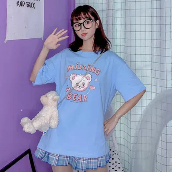 Korejski Sladko Slog Risanka Natisnjeni T-shirt Šolarka Poletje Novi Vrhovi 2020 Ulzzang Harajuku Kawaii Modra Svoboden Tees Ženske