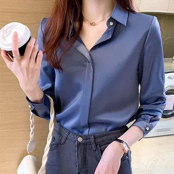 Korejski Slog Jeseni River Temperament Poslovne Elegantno Bluzo OL Šifon Saten Ženske Majice Dolg Rokav Solid Blue Vrhovi 12128