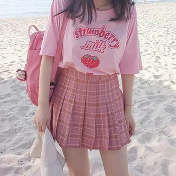 Korejski Slog Kawaii Jagode Mleko T Shirt Poletje Modni Roza Dekle Serije Harajuku Vzročno Kratek Rokav Luštna Ženska Tshirts Vrhovi