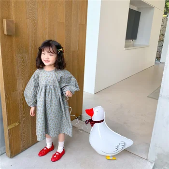 Korejski slog Luštna Dekleta Puff Rokav Ohlapno Obleko 2021 Otroci, Oblačila, Cvetlični Priložnostne Malo Princesa Obleke Za Dojencek Dekliška