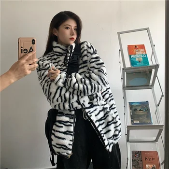 Korejski Zimski Modni Harajuku BF Slog Bombaž Oblačila Leopard Svoboden Polno Jakno Rokav Vintage Lambswool Toplo Vrhnja oblačila