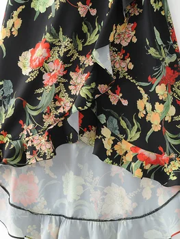 Lanbaiyijia Šifon obleko Tiskanja Cvetovi Flare Rokav V-neck Ženske obleke Sashes Gleženj-dolžina Po kratkem pred dolge obleke