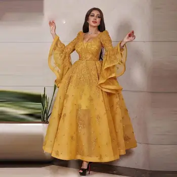 Lorie Zlato Čipke Appliques Formalno Večerne Obleke za Ženske do leta 2020 Dolg Rokav Nazaj Vezna Prom Oblačenja Dolgo Dubaj arabski Stranka Obleko