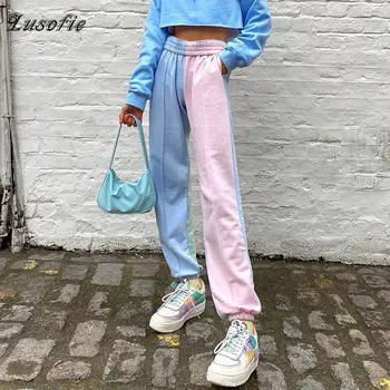Lusofie Ženske Visoko Pasu street nositi hip hop Naravnost hlače mozaik design gumb letenje priložnostne ženske Hlače Modni 2020