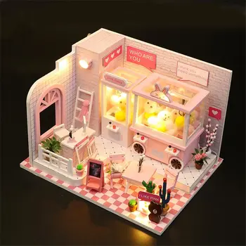 Lutka pralni lesena lutka hiša pohištvo komplet miniature diy lutke pribor luči otroci doma igrače maison poupee en bois