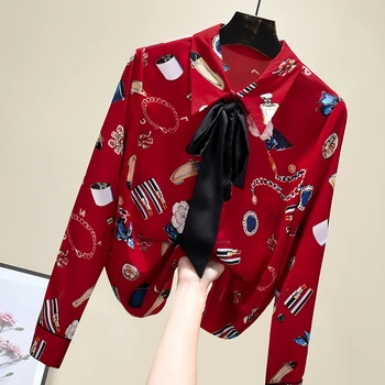 Majica Ženske 2021 Pomlad Nov Prihod Korejski Modis Tiskanja Lok Sladko Šifon Elegantno Bluzo Vrhovi