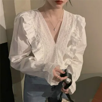 Majice Ženske Ruffles Čipke korejskem Slogu Pomlad Jesen Trdna Slim Design Dihanje Visoko Kakovost Vse za Prosti čas-tekmo Ženske Svoboden
