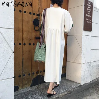 MATAKAWA Ohlapno Nagubano Visoko Pasu Dolge Luči Rokavi Ženske obleke Letnik Težka Industrija Vezenje Cvet Midi Obleke