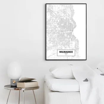 Milwaukee, Wisconsin, Združene Države Amerike Črno Bel Meri Svetovni Zemljevid Mesta Plakat Platno, Tisk Skandinavski Slog Wall Art Dom Dekor