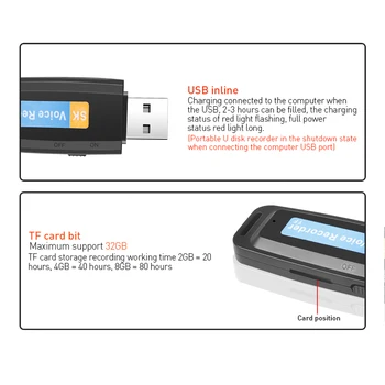 Mini Dictaphone USB Snemalnik Pero U-Disk Strokovno Flash Disk, Digital Audio Snemalnik Micro SD TF Kartico do 32 G