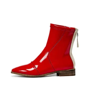 MLJUESE 2020 ženske škornji lakasto usnje pozimi kratek plišastih rdeče barve kvadratni toe nizkih petah ženski škornji velikosti 40