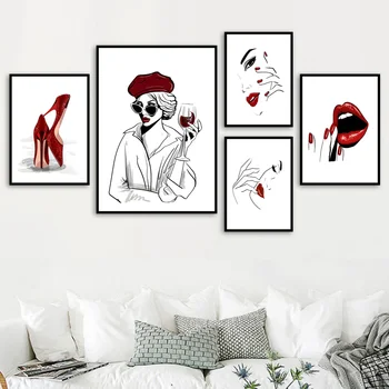 Moda Rdeče Ustnice Dekle V Visokih Petah Salon Wall Art Platno Slikarstvo Nordijska Plakatov In Fotografij Stenske Slike Za Dnevna Soba Dekor