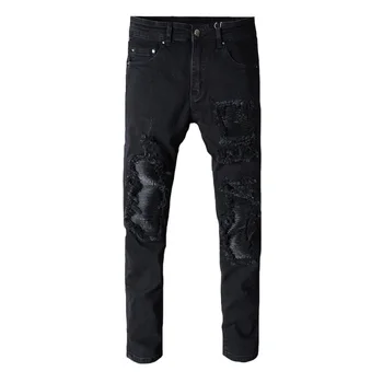 Moda Ulične Moške Jeans Visoke Kakovosti Črne Barve Slim Fit Elastična Ripped Kavbojke Moški Mozaik Usnje Razrezana Hip Hop Kavbojke