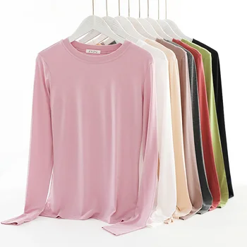 Modal Long Sleeve Majica S Kratkimi Rokavi Ženske 2020 Jeseni Korejski Krog Vratu Slim Top Barva Plus Velikost Osnovne TShirt