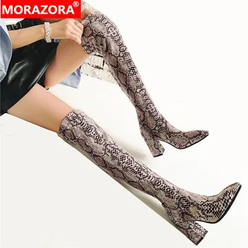 MORAZORA Plus velikost 34-42 kača tiskanja raztezajo čez kolena in škornji debele visokih petah jesenska wintr čevlji seksi stegno visoki škornji ženske
