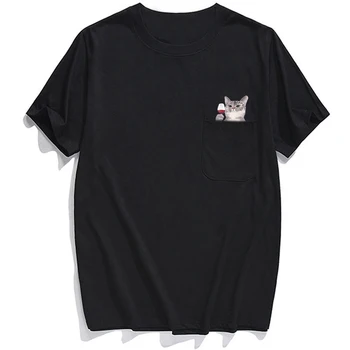 Moška Majica s kratkimi rokavi Modne blagovne Znamke poletje žep Prezirajo cat natisnjeni t-shirt za moške, za ženske srajce Hip hop vrhovi smešno bombaž tees