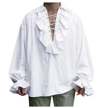 Moški srednjeveški Long Sleeve Majica Gothic Larp Viking Cosplay Kostum Vrh Letnik Princes belo Srajco Fazi opravljanju obleko