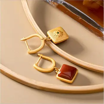 Naravni Južno Rdeče chalcedony geometrijske Kvadratnih Uhani Kitajski retro slogu edinstveno stari zlato obrti čar ženske blagovne znamke nakit