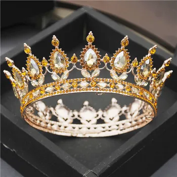 Nevesta Hair Krono Banket Rumena Kristalno Diadem Royal Kraljica Kralj Okrogle Kovinske Princesa krono Pageant Stranka Poročni Nakit za Lase