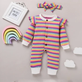 Newborn Baby Dekle Pomlad Jesen Obleko Pisane Trakove Dolg Rokav Ruffle Romper + Glavo 2Pcs Oblačila, ki 2020
