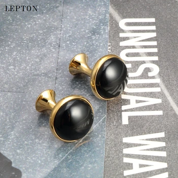 Nizko-ključ Luksuzni Črni Oniks zapestne gumbe za Mens Poslovnih Lepton Visoke Kakovosti Zlata Barva Krog Kamen Oniks manšetni Relojes gemelos