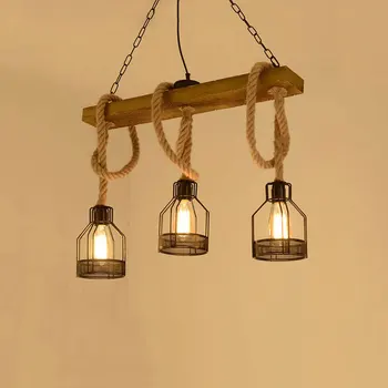Nordijska lesa light 3 glave E27 visi svetilka mansarda železa konoplja vrv obesek lučka restavracijo, jedilnico, kuhinjo, stropni lestenec