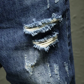 Novi Moški ' s Blue Hole biker Jeans Stretch denim Uničeno Raztrgala Modno Oblikovanje Gleženj Hlače Zadrgo Skinny Jeans Za Moške, Velikost 36