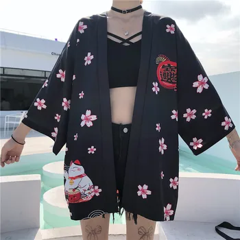 Novo Leto 2020 Bela Črna Srečen Mačka Svoboden Poletje Plaža Jopico Ženske Harajuku Japonski Kimono Style Vrhovi Bluzo Oblačila