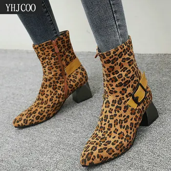 Novo Najboljših Prodajalcev Fashion Sexy Leopard Tiskanja Konicami Prstov Ženske Škornji Zadrge Sponke Med Petah Delo Čevlji Ženske Plus Velikost 43