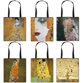 Oljna Slika Solze / Poljub Gustav Klimt, Ki Jih Torba Ženske, Modno Torbico Ladise Platno Nakupovalno Vrečko Veliko Zmogljivost Velika Totes