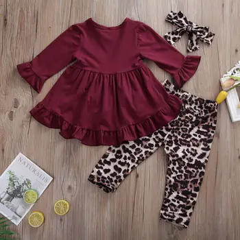 Otroci Baby Dekleta Ruffle Vrhovi Obleko+Leopard Hlače, Dokolenke Obleke 2pcs Malčka Otrok Dolg rokav jesenski Oblačila