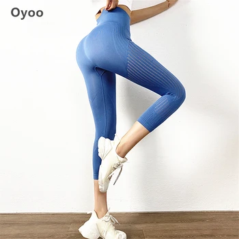 Oyoo 2020 Visoko Pasu Joga Hlače, Modro Brezhibno Dokolenke Trebuh Nadzor Joga Capris za Ženske 3/4 Dolžine Atletske Fitnes Dokolenke