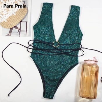 Par Praia Globoko V-neck En Kos Kopalke Ženske Zelena Bikini 2020 Seksi Kopalke Ženske Obroč Monokini, Plavanje Obleko Za Ženske
