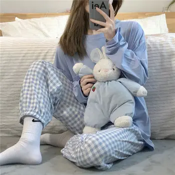Pijamas Ženske Bombaž Doma Obleko Loungewear Kariran Hlače Pijamas Femme Spavaćica Ženske Pižame Bo Ustrezala Korejski Pjs Set