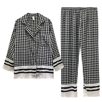 PIŽAMO Tiskanja Houndstooth Lady More Sleepwear Svilnato Saten Pijamas bo Ustrezala Priložnostne Svoboden 2PCS Majica&Sopihanje Pomlad Domov Oblačila