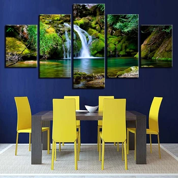 Platno HD Tiskanje Slik Wall Art Okviru Doma Dekor 5 Kosov Gozd, Jezero, Slap Slike Zeleno Naravno Krajino Plakati