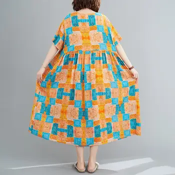 Plus Velikost Dame, Obleke za Ženske 4XL 5XL 6XL Kariran Tiskanja Poletje Boho Plaža Obleko 2020 Priložnostne Bombaža Dolgo Ženska Prevelik Obleko