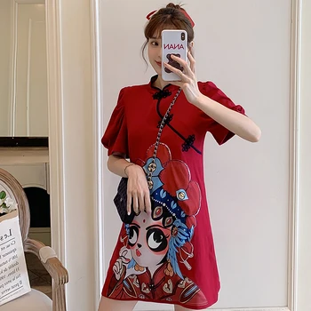 Plus Velikost M-3XL Modni Trend Sodobne Stranka Cheongsam Obleko za Ženske, Poleti Rdeče Kratek Rokav Qipao Tradicionalna Kitajska Oblačila