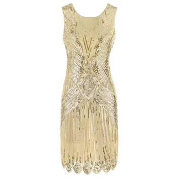 Plus Velikost Zlato 1920 Retro Vintage Gatsby Sequins Beaded Dolgo Bonitete Art Deco Bučanje 20s Zaklopnica Stranka Obleko za Ženske