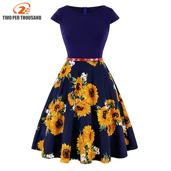 Poleti 1950 60-ih letih Vintage Retro Ženske obleke Kratek Rokav Polka Cvetje Mozaik Stranka Vestido Elegantno Linijo Modre Obleke