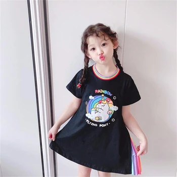 Poletje 2020 Novega Otroka Otroci Kratka sleeved Obleke za Dekleta Risanka Samorog Tiskanja Mavrica Šifon A-line Oblačenja