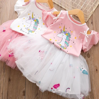 Poletje Samorog Obleko Obleke Za Dekleta Obleke Komplet Dojenček Otroci Princesa Kostum Rojstni Dan Otrok Kompleti Oblačil Obleke
