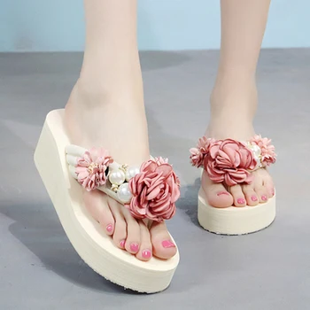 Poletje ženske čevlje klin sandale klini ročno izdelane rože pearl okrasnih debelo dno copate plaži sandali C0178