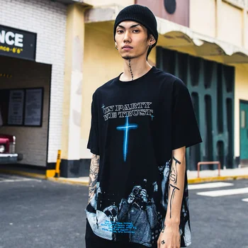 Poletne Ulične T ShirtBlue Navzkrižno Natisni T-Shirt Hip Hop Harajuku Rock Hipster Tshirt Bombaža, Kratek Rokav Moda Priložnostne Vrhovi T