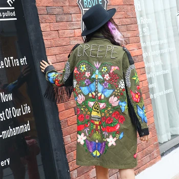 Pomlad Hip Hop Ženske Blagovne Znamke Vojske Zelena Kovice Grafiti Mozaik Tassel Svoboden Windbreaker Suknjič Plašč Ženska Vrhnja Oblačila